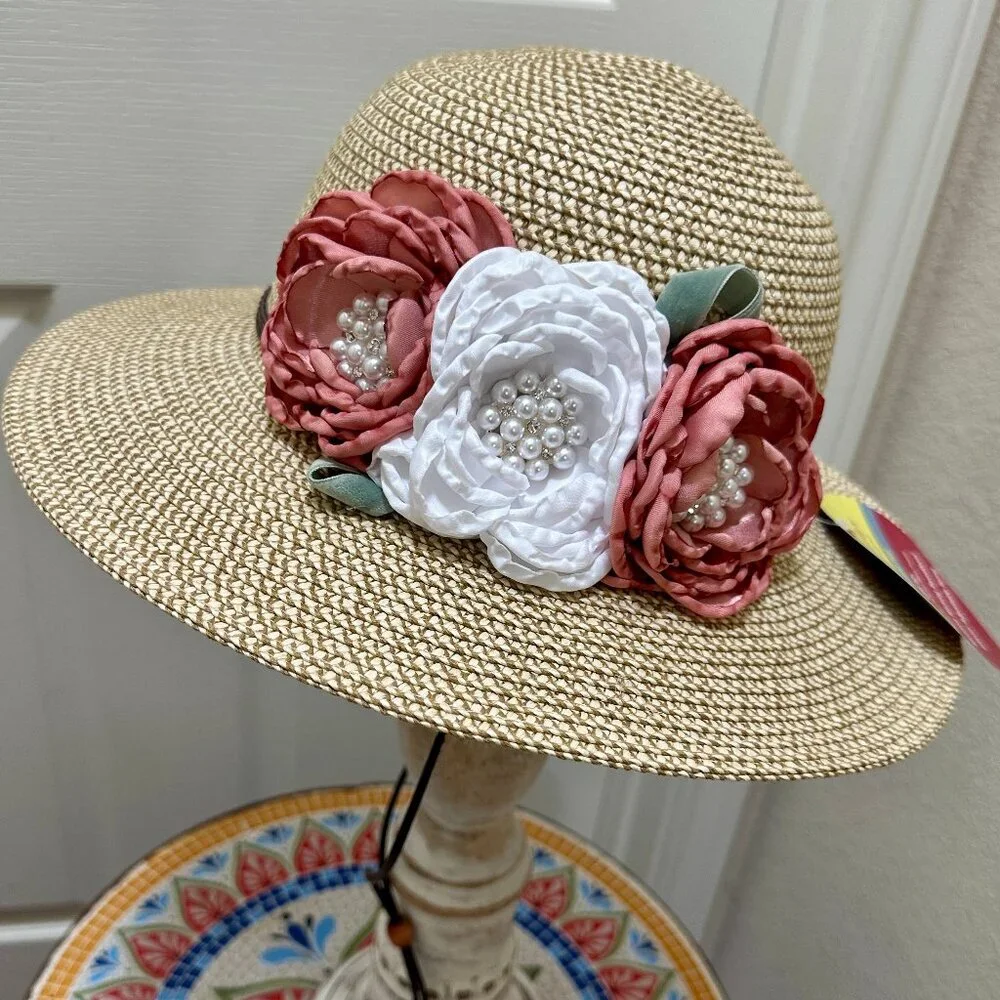Elegant Women's Tweed Sun Hat With Satin Flowers And Pearls Wedding Tea Party